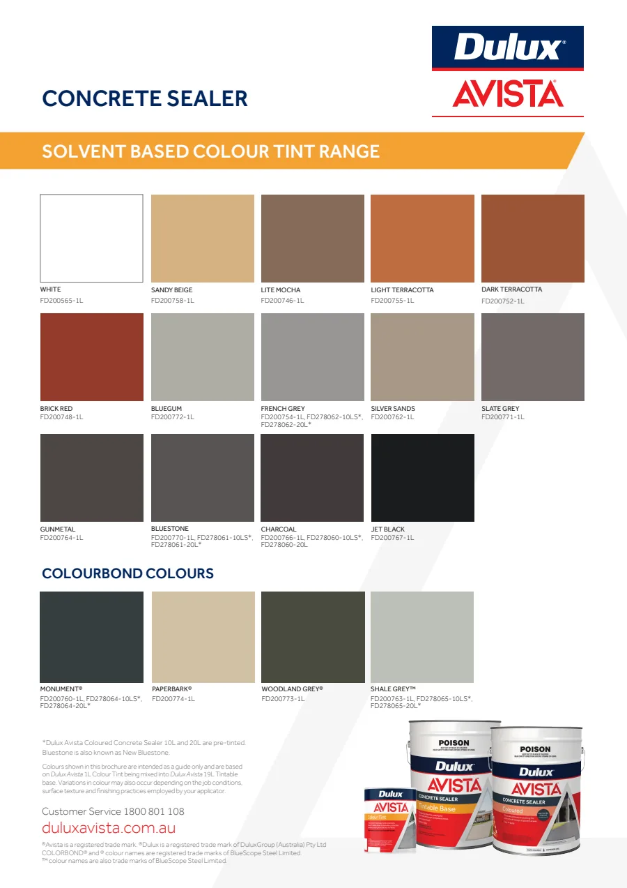 Dulux Avista concrete sealer colour card