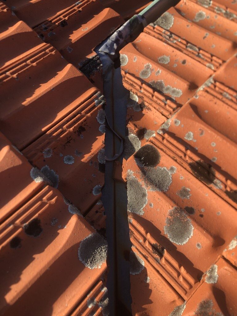 Dirty terracotta tiled roof with lichen moss dirt and grime